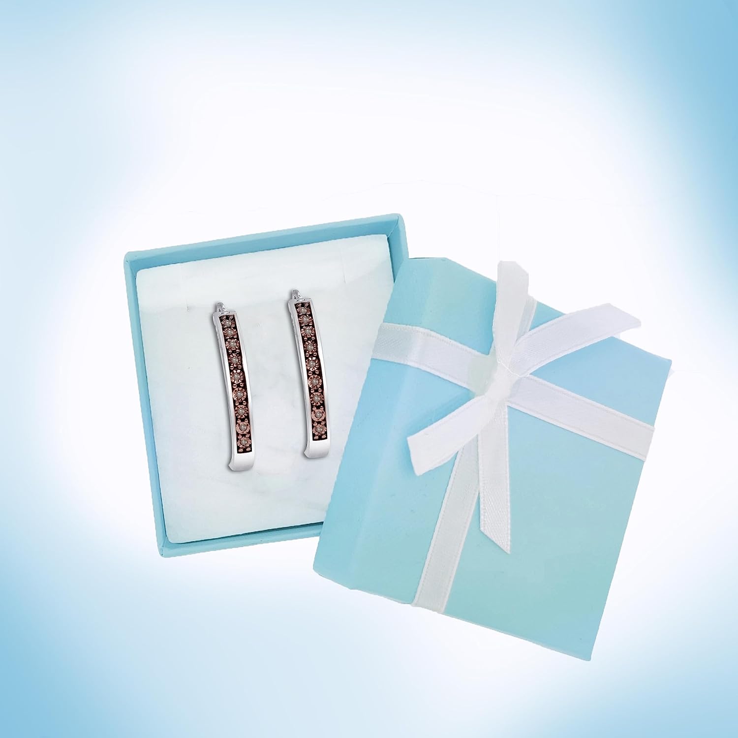 1/10 Carat Total Weight (cttw) 925 Sterling Silver Diamond Hoop Earrings For Women, Available With Black, Blue, Brown & White Diamonds