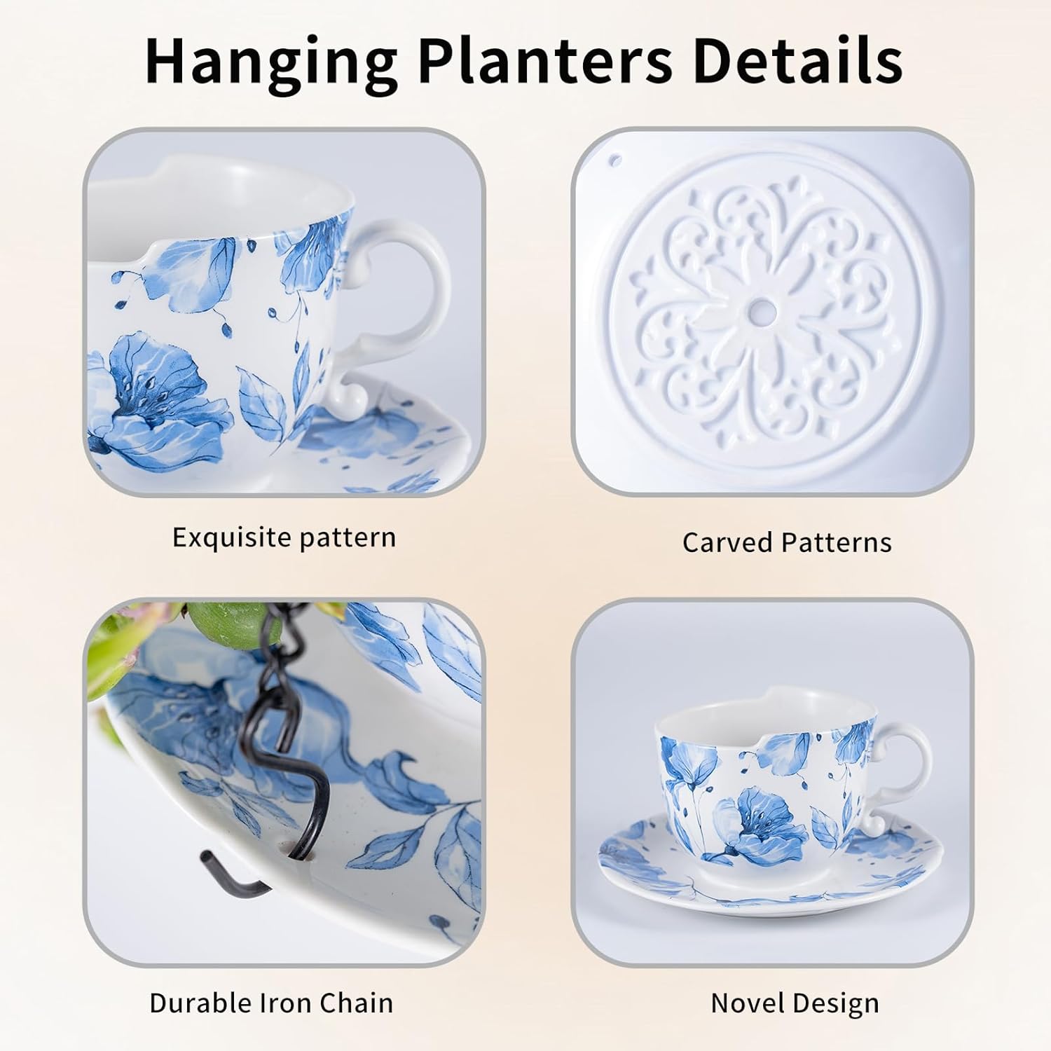 TEATALK Hanging Planters for Indoor Plants, Ceramic Pots with Drainage Hole, 6.3 Inch Hanging Planter with Chain, Outdoor Hanging Baskets for Plants, Blue Flowers, Cup Shape