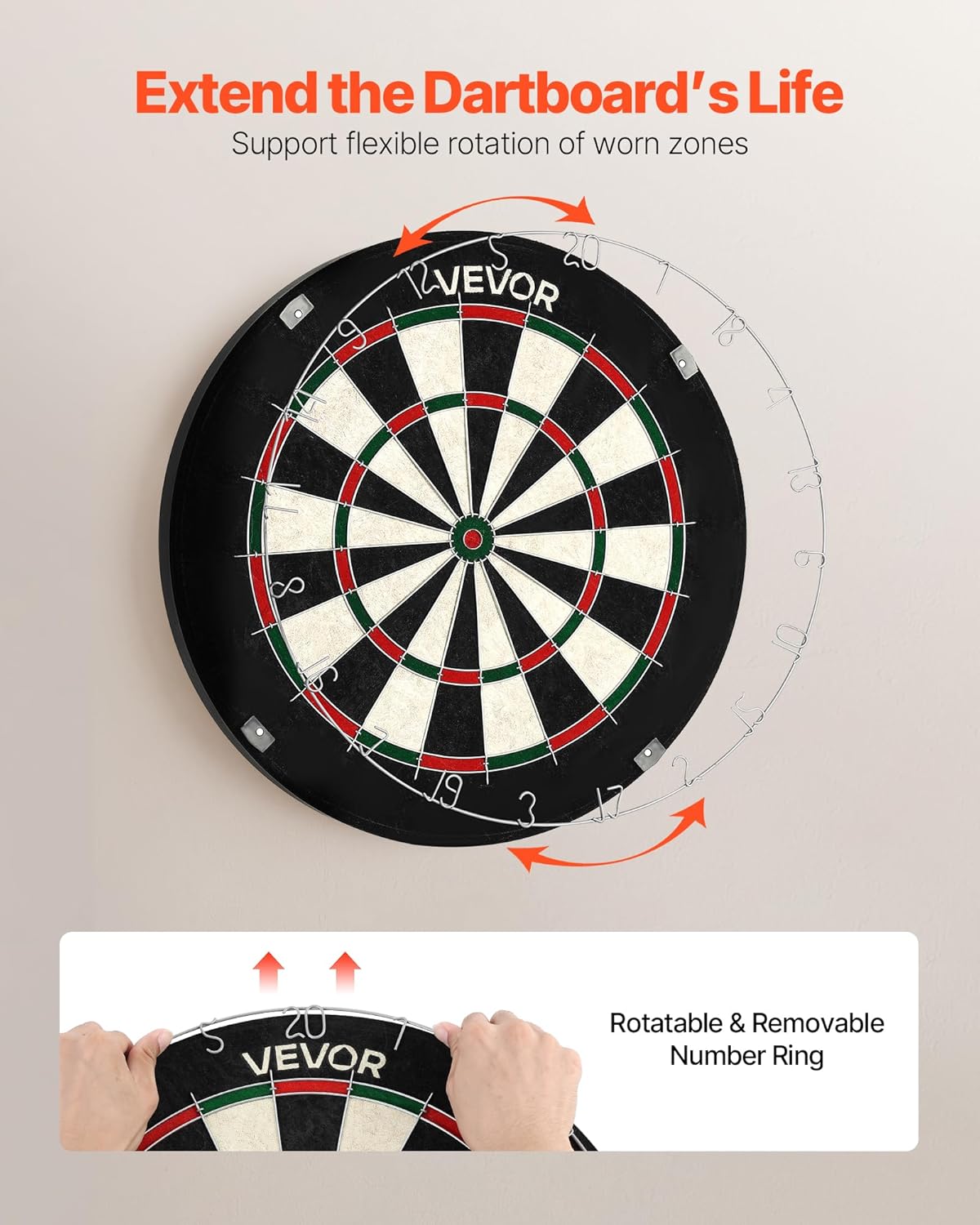 VEVOR Dartboard with 6 Darts & Scoring Kit, Self-Healing Sisal Fibers Dartboard with Staple-Free Bullseye & Rotating Number Ring, 17.7" Professional Steel Tip Dart Board Set for Home Party Game Rooms