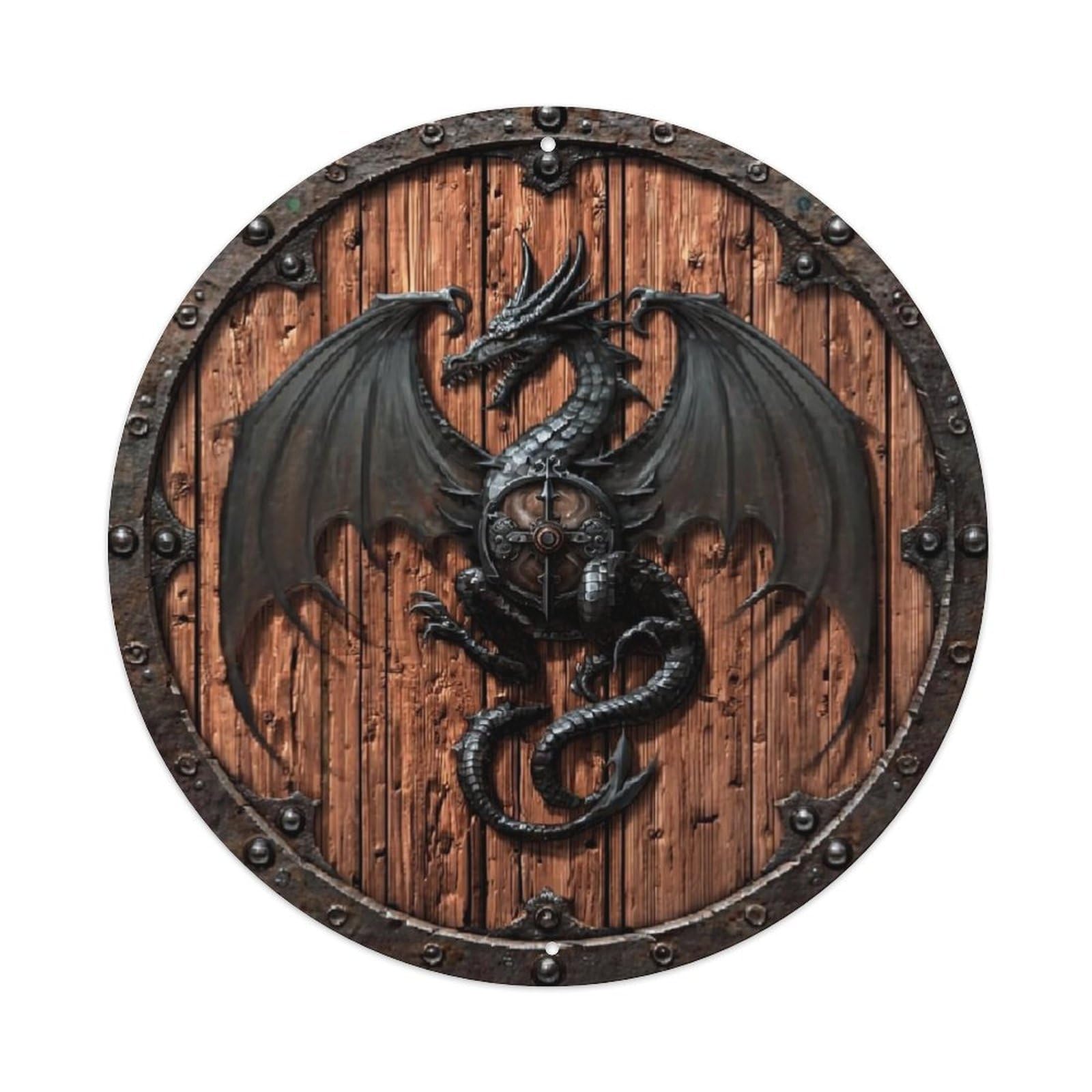 Dragon On Shield Design Vintage Metal Tin Sign Retro Wall Decor for Home Bar Garage Cafe, Indoor & Outdoor Decorative，circle Metal Poster, 8x8 Inch