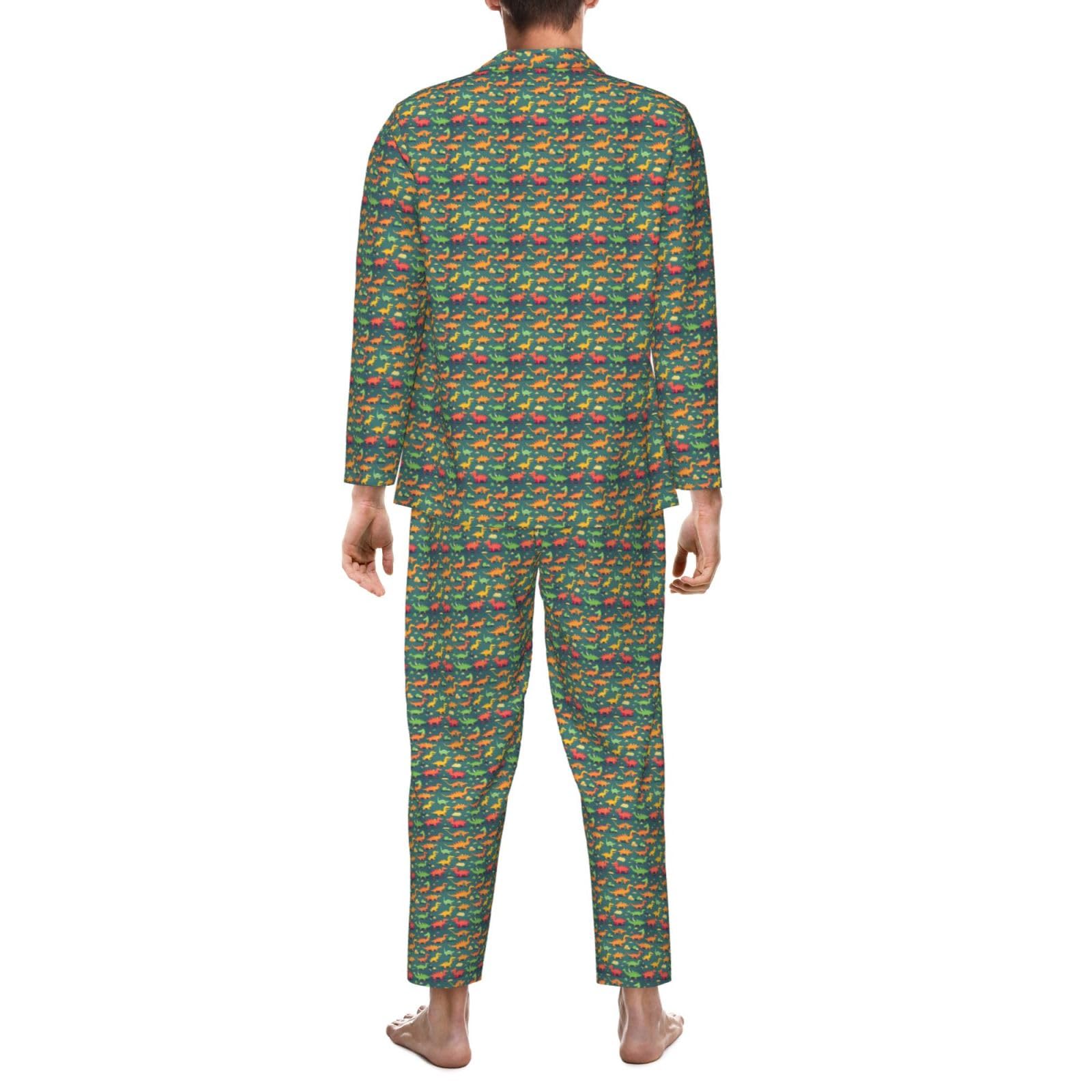 Langärmeliges Pyjama-Set für Herren, Motiv: viele kleine Dinosaurier, zweiteilig, bequeme Nachtwäsche