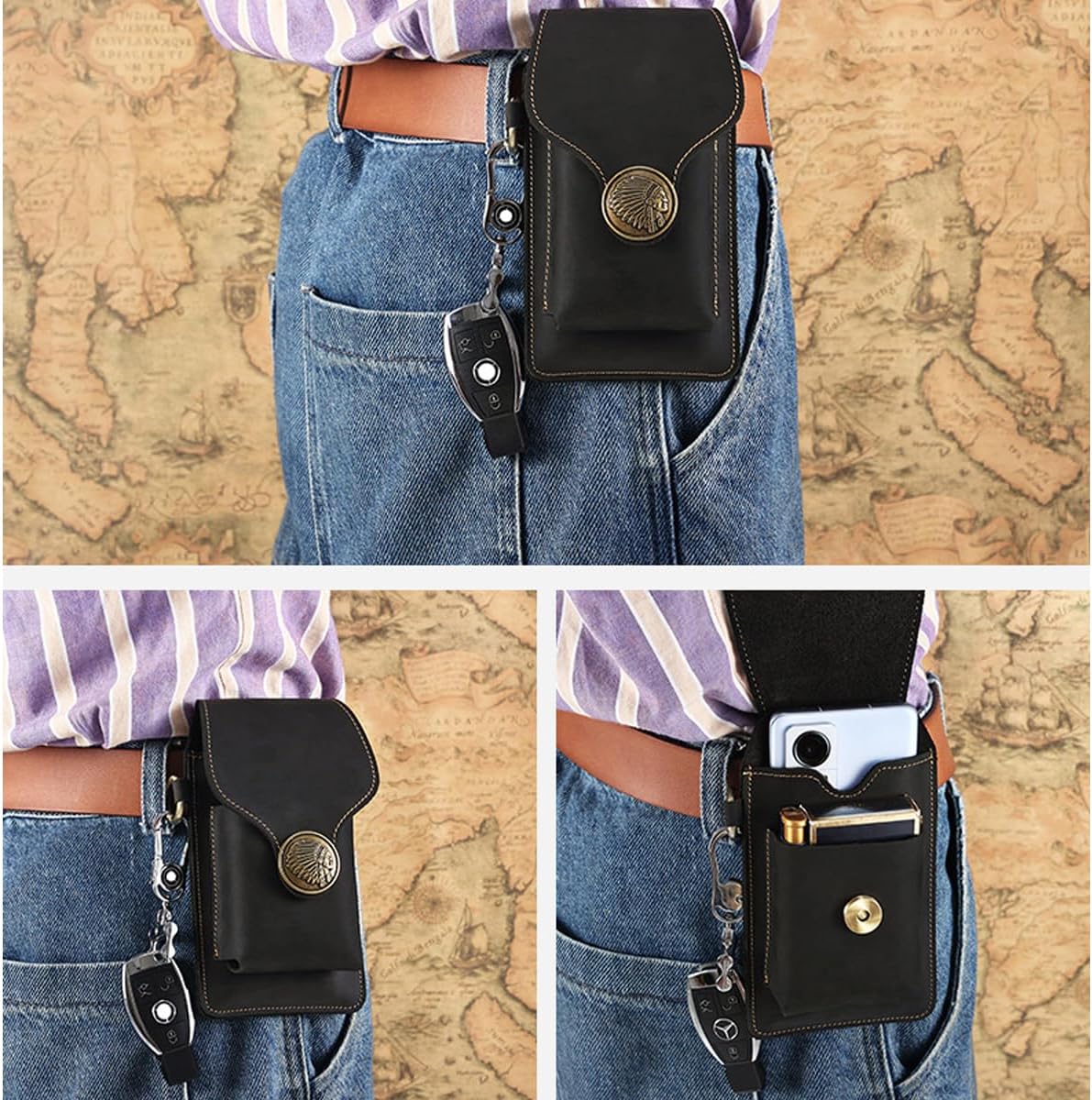 Genuine Leather Phone Holster Cowhide Pouch with Keychain Magnetic Closure Outdoor Sports Waist Pack (Black 01)