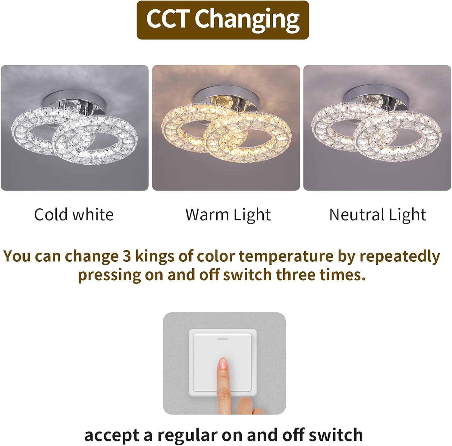 Crystal LED Ceiling Light 2 Ring Light Fixture Modern Flush Mount Ceiling Light for Bedroom Living Room Hallyway Ceiling Lamp (3-Color Light)