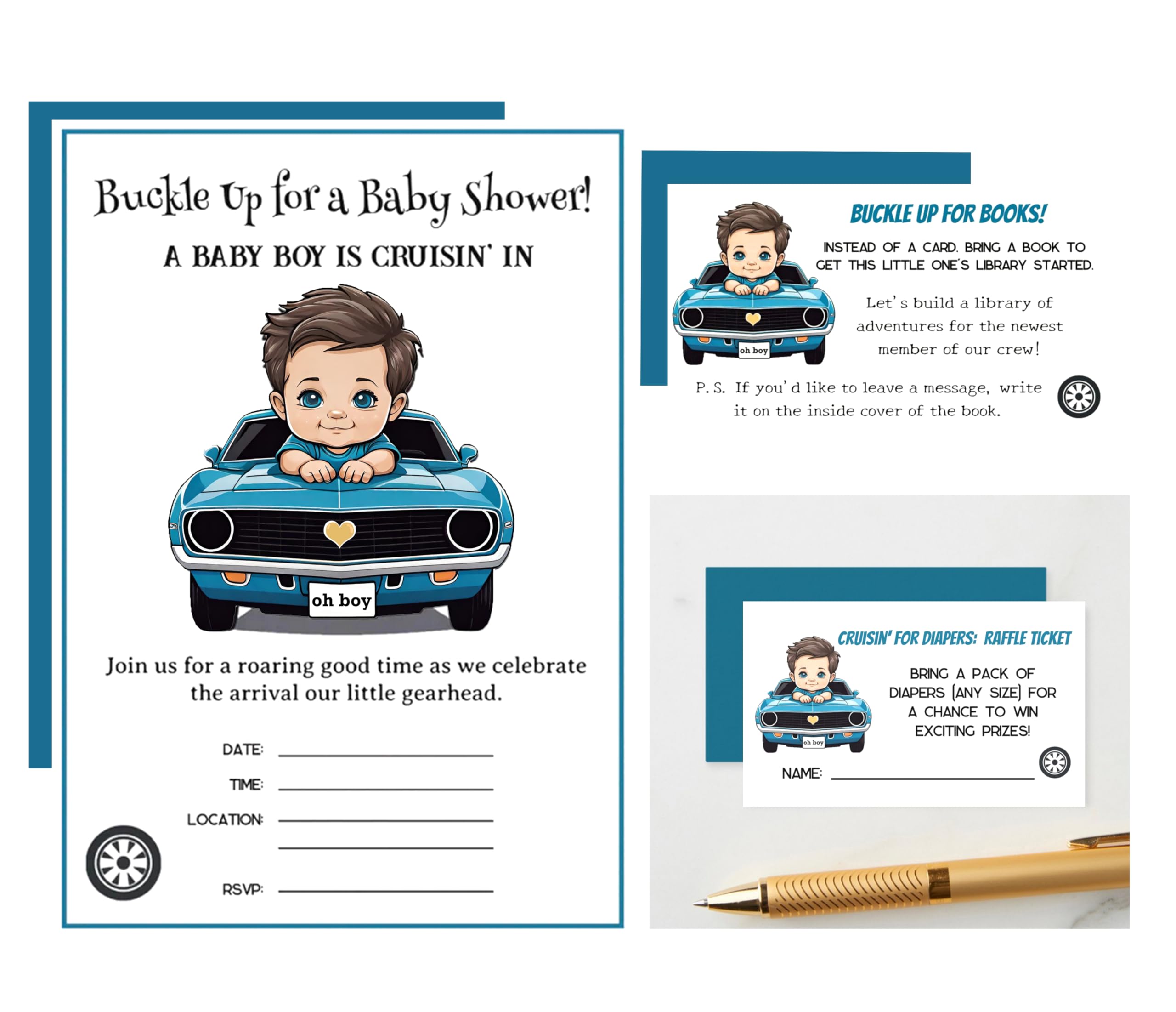 Fashion Culture Classic Boy Blue Race Car Baby Shower Invitation Bundle: 20 Fill-In Invitations, Baby Book & Diaper Raffle Tickets