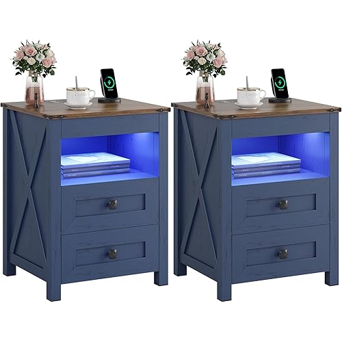 LED Nightstand Set of 2 with Gun Drawer: Bedside Table with Charging Station for Bedroom Furniture – Farmhouse Night Stand with 3 Colors Smart Human Sensor Lights for Living Room End Table, Blue