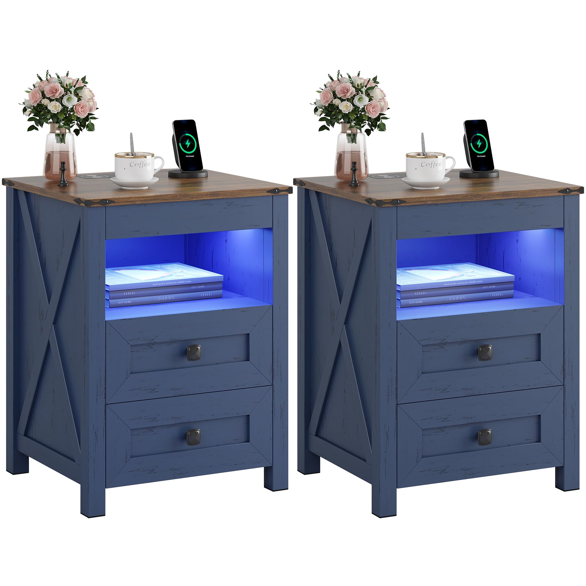 LED Nightstand Set of 2 with Gun Drawer: Bedside Table with Charging Station for Bedroom Furniture – Farmhouse Night Stand with 3 Colors Smart Human Sensor Lights for Living Room End Table, Blue