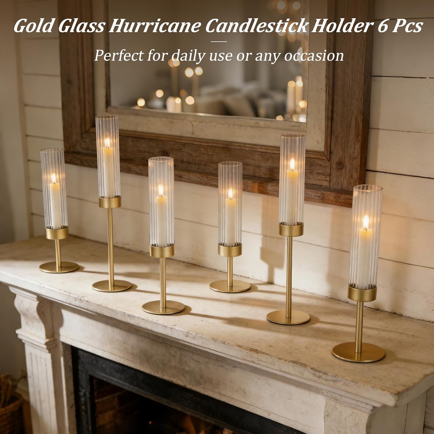 Gold Candlestick Holders Set of 6 Gold Taper Candle Holders for Candlesticks Hurricane Glass Candle Holder Bulk Tall Candle Stick Holder Decor for Fireplace Mantel Thanksgiving Christmas Wedding Table
