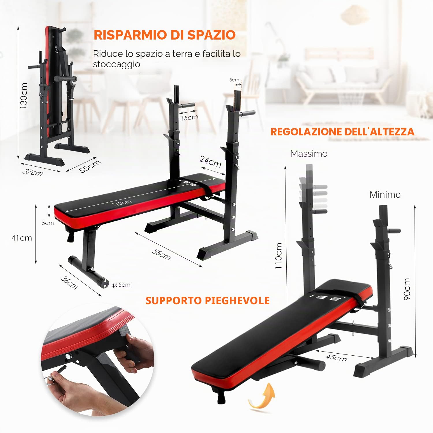 ISE Panca Pesi Multifunzione con Portabilanciere, Panca per Sollevamento, Pesi Pieghevole Panca Regolabile con Portabilanciere, SY-544