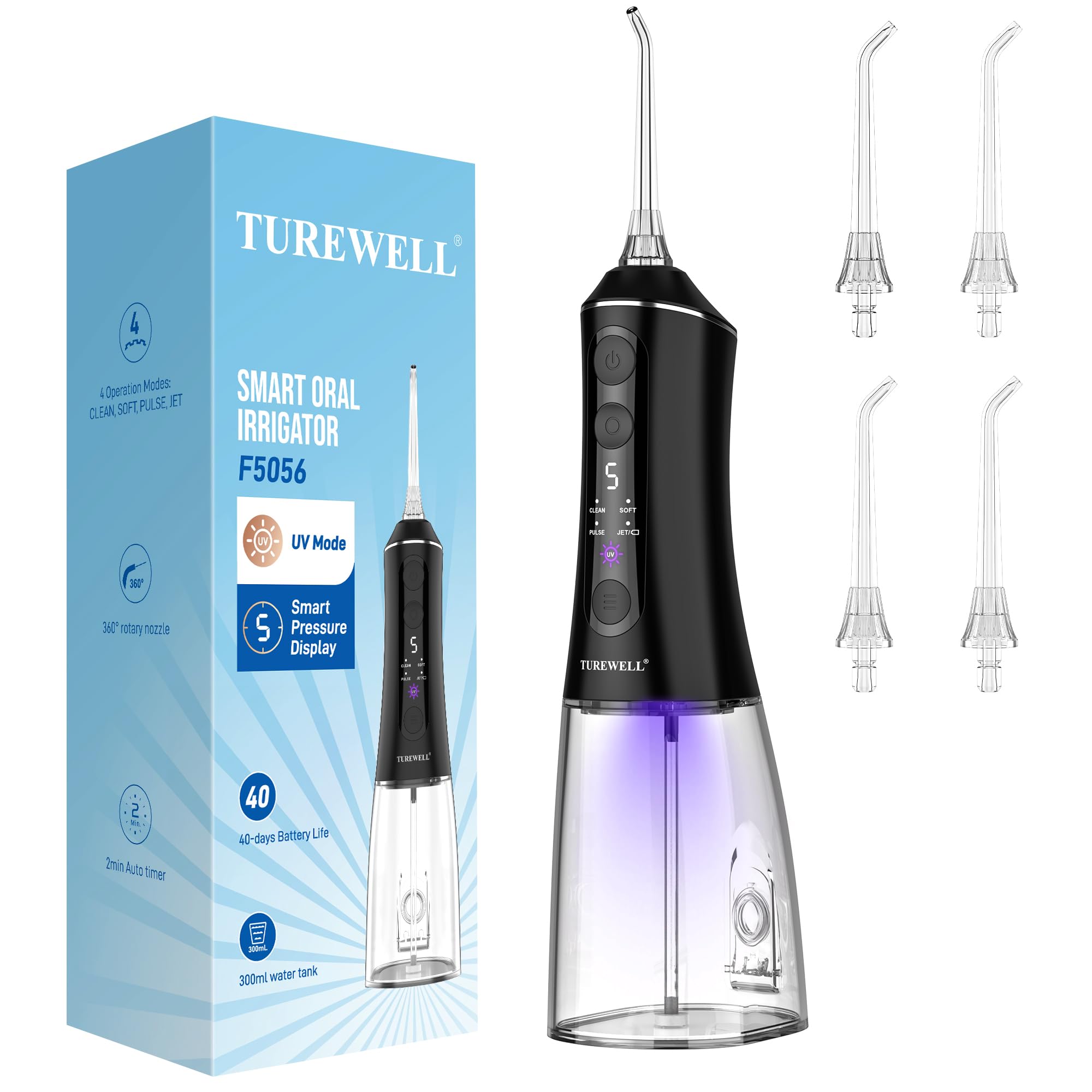 TUREWELL Idropulsore Dentale con Modalità UV, Irrigatore Orale Portatile | Serbatoio UVC 2 in 1, regolazione 5 livelli, impermeabile IPX7, batteria fino a 40 giorni, serbatoio 300 ml