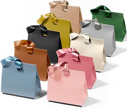 Vitalizart Paper Gift Bags With Ribbon Handles Set of 10 Assorted Colors Bulk Reusable For Gift Wrap Girls Kids Birthday Bridal Shower Party Favors Goodie Bags Candy Christmas 6.1"x2.95"x5.71" Mini
