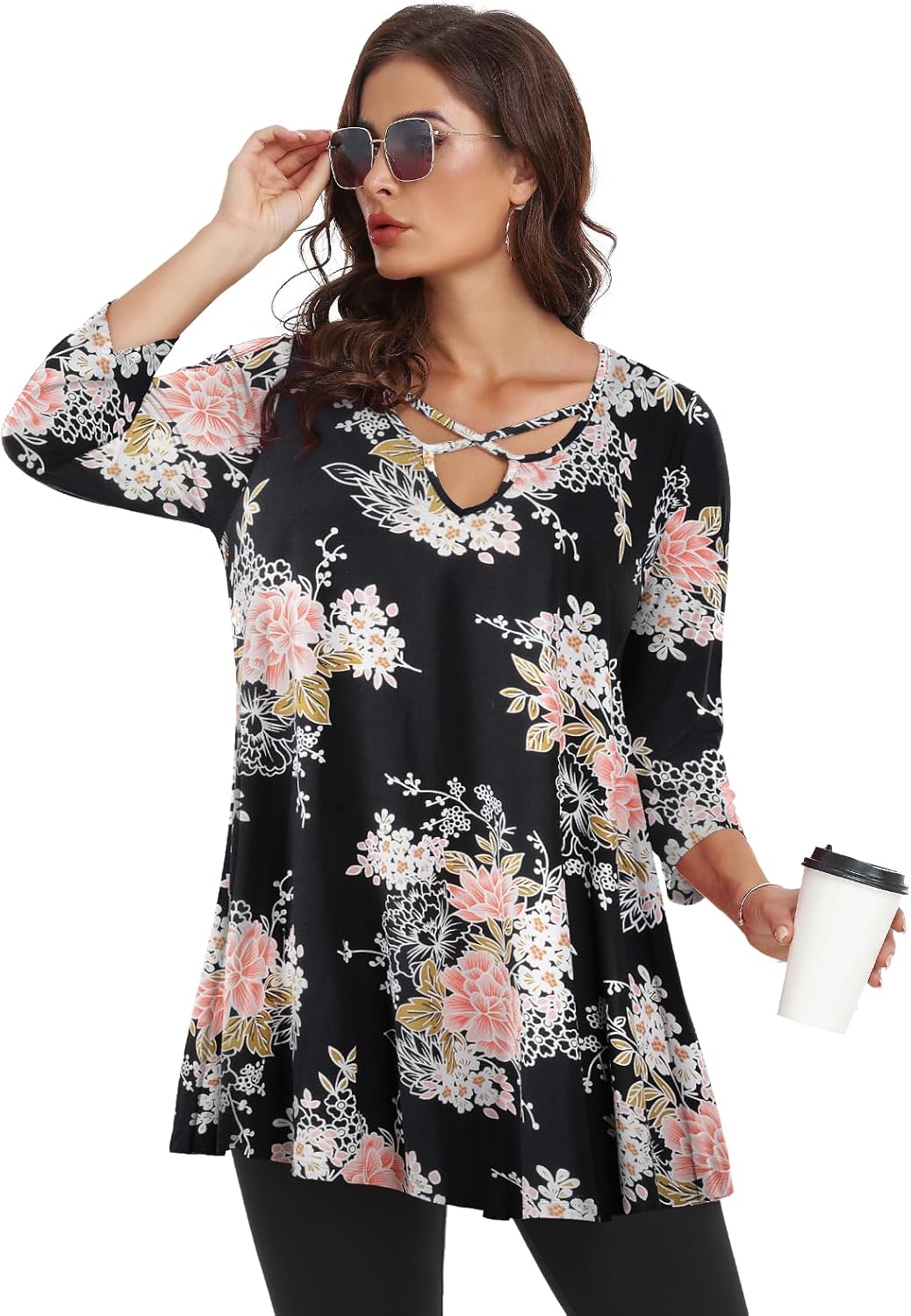 LARACE Plus Size Tops for Women V Neck 3/4 Sleeve Tunic Criss Cross Dress Shirts Casual Fall Blouse for Leggings - Image 4