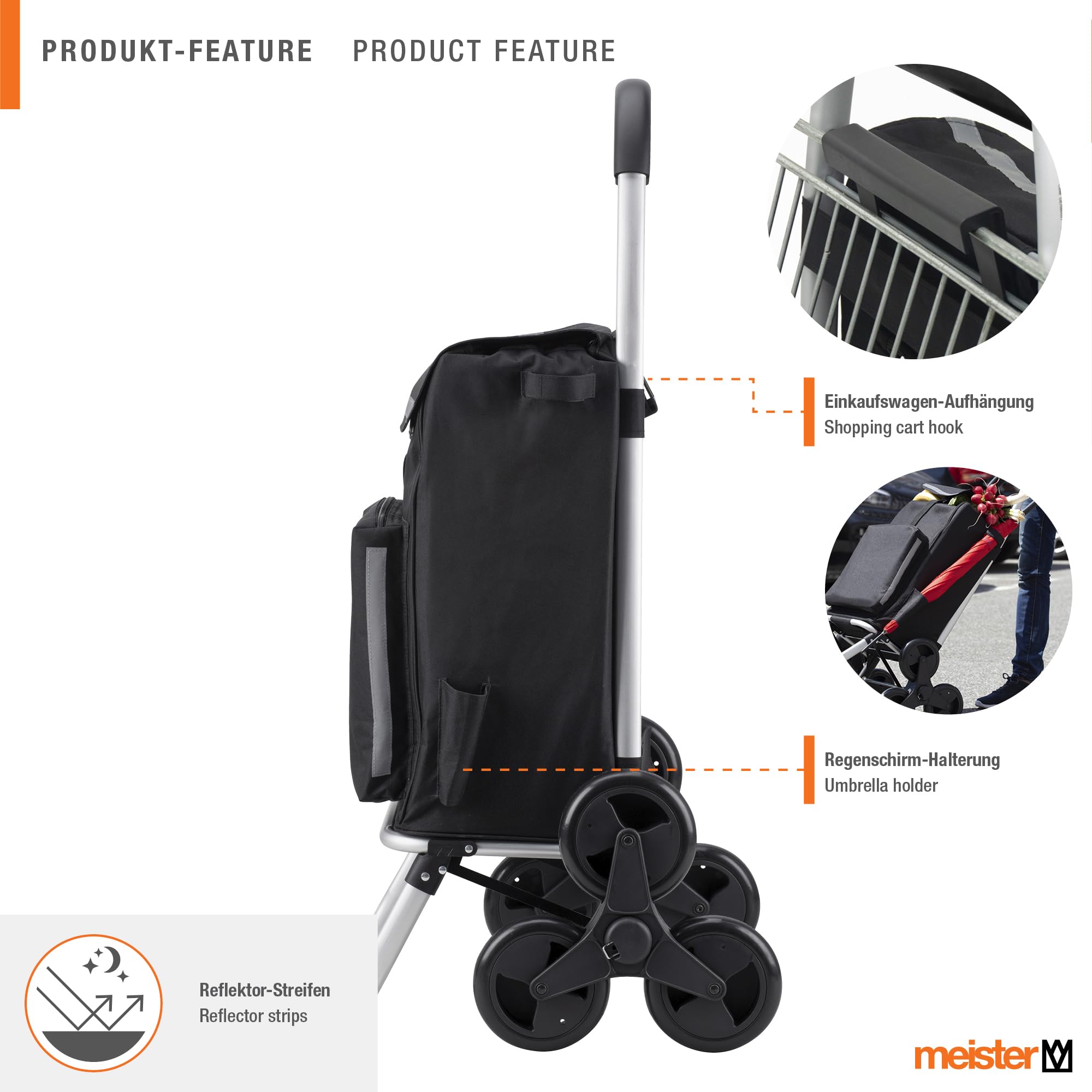 Meister - Carrito de la compra, 54 L, con compartimento refrigerador, bolsa extraíble y resistente a la lluvia, colgador para el carro de la compra, carrito plegable, 6816810