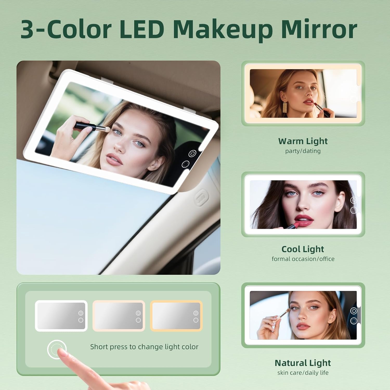 2PCS Car Visor Vanity Mirror with Lights, Rechargeable Dimmable Touch LED Sun Visor Mirrors, Large Detachable Vanity Makeup Mirror with 3 Color Modes for Truck SUV Car Accessories for Women(White)