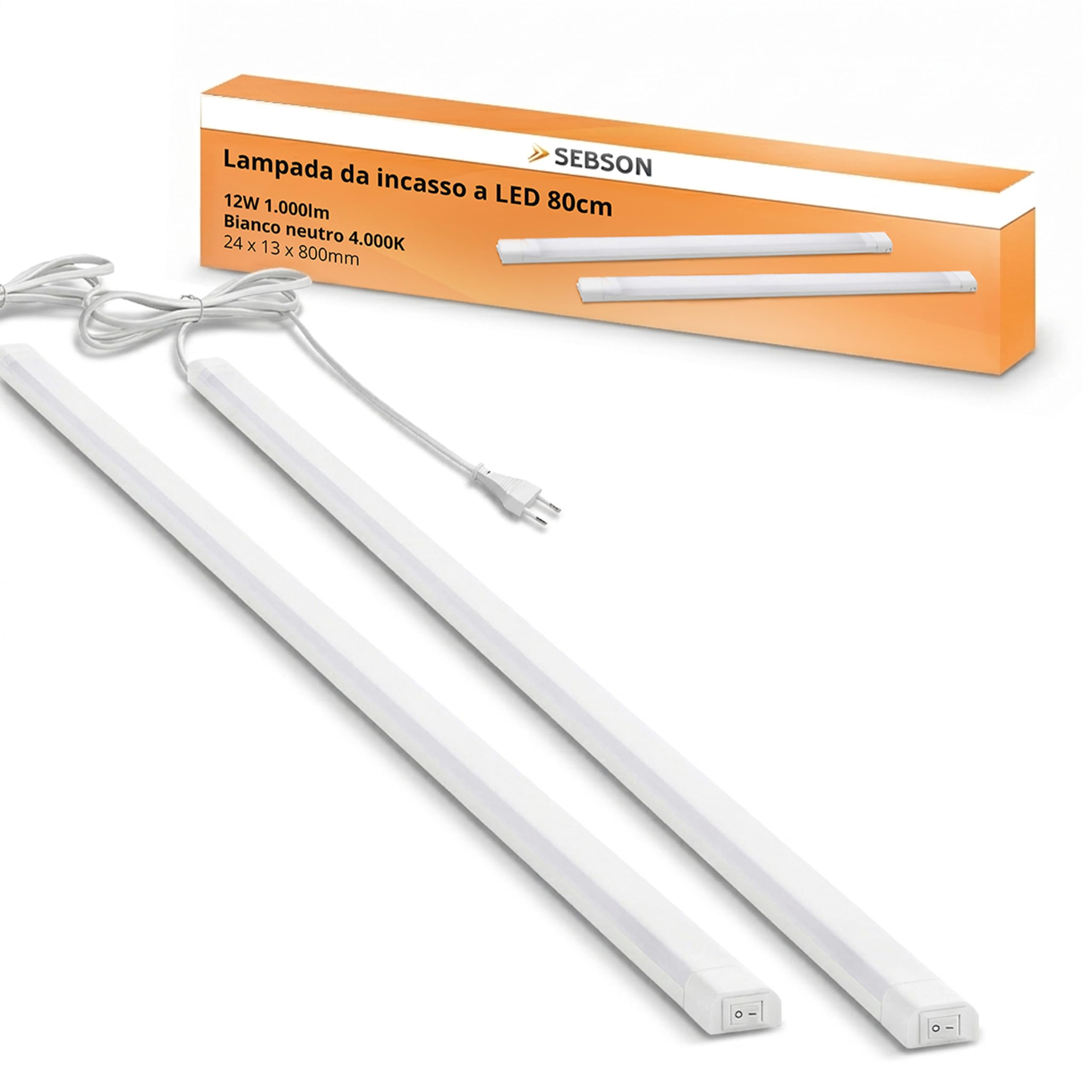 SEBSON® 2x LED sottopensile con interruttore e prese, luce cucina, 80cm, 12W, 1000 lumen, bianco neutro 4000K, 230V, IP20, 24x13x800mm