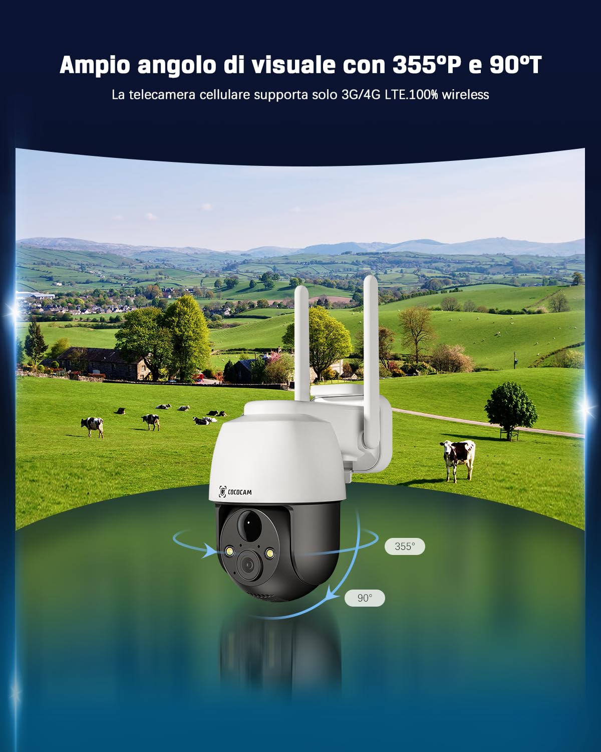 COCOCAM 4G LTE Telecamera Esterno con SIM Carta | 2K PTZ Senza Fili con 6W Pannello Solare, Batteria 10000 mAh, Rilevamento Umano PIR, Riconoscimento AI, Funziona con Alexa