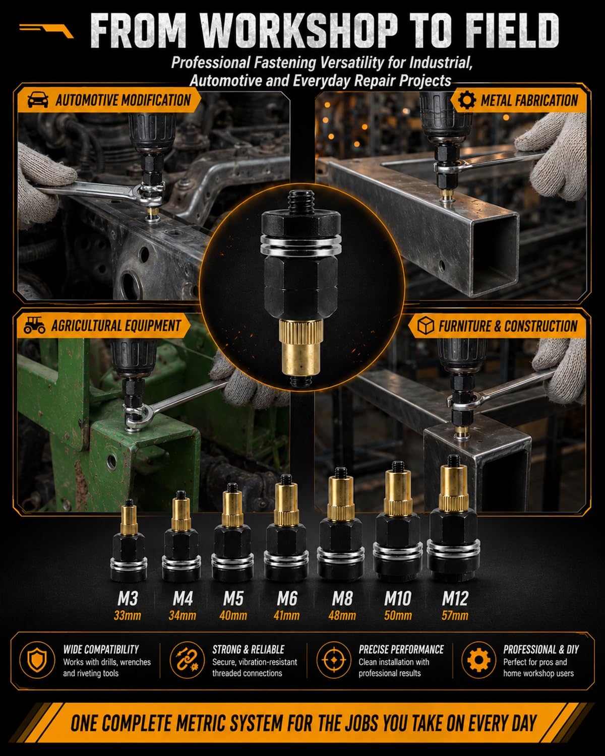 Carbon Steel Head Rivet Nut Tool Kit M3-M12 7 Mandrels Drill Rivnut Nut Set