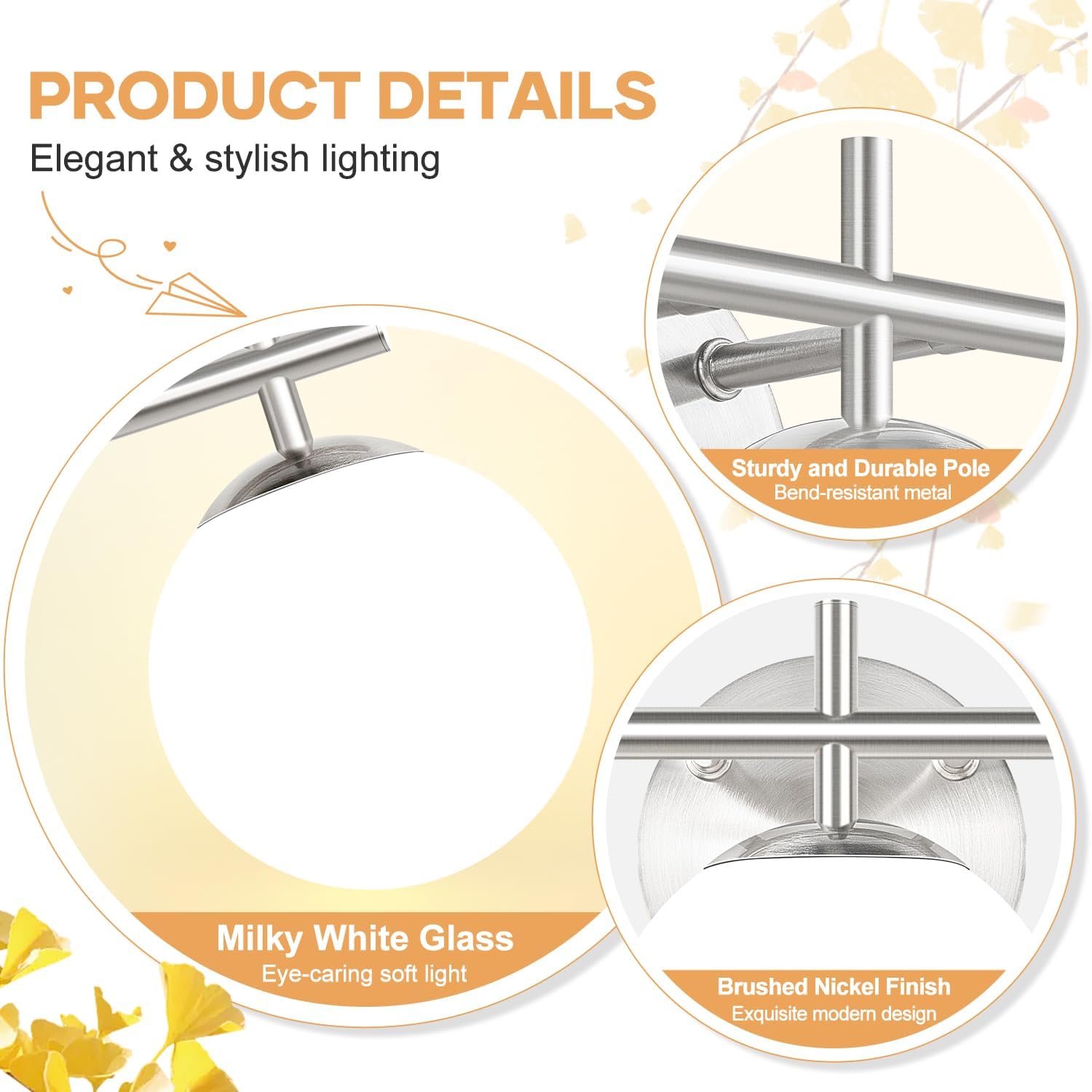 3-Light Bathroom Light Fixtures, Brushed Nickel Vanity Lights for Bathroom with Milky White Ball Shades, 18.9 inch Bathroom Lighting Fixtures Over Mirror, Wall Sconce for Bedroom (Bulb Not Included)