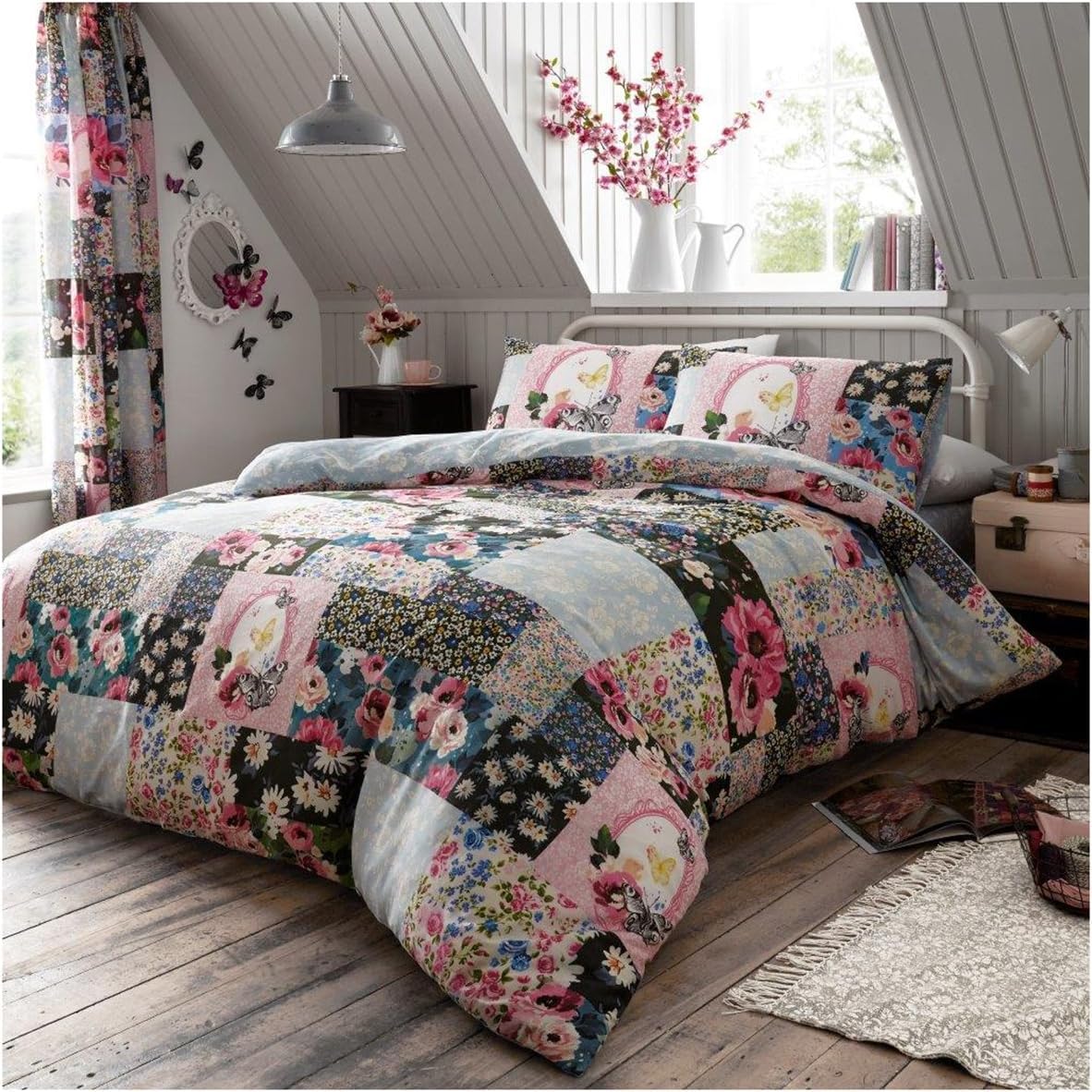 Lions Multicolor Double Duvet Cover Set - 3 Pcs Poly Cotton Floral Bedding With Matching Pillowcase, Soft Reversible Patchwork Printed Quilt Covers, 200X200cm