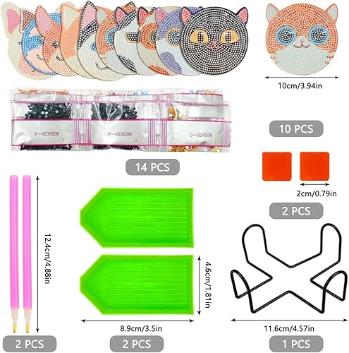 Miniatura 3 de FineGood Juego de 10 posavasos de pintura de diamantes para perros y gatos, bonitos posavasos de pintura de diamante con soporte, posavasos de