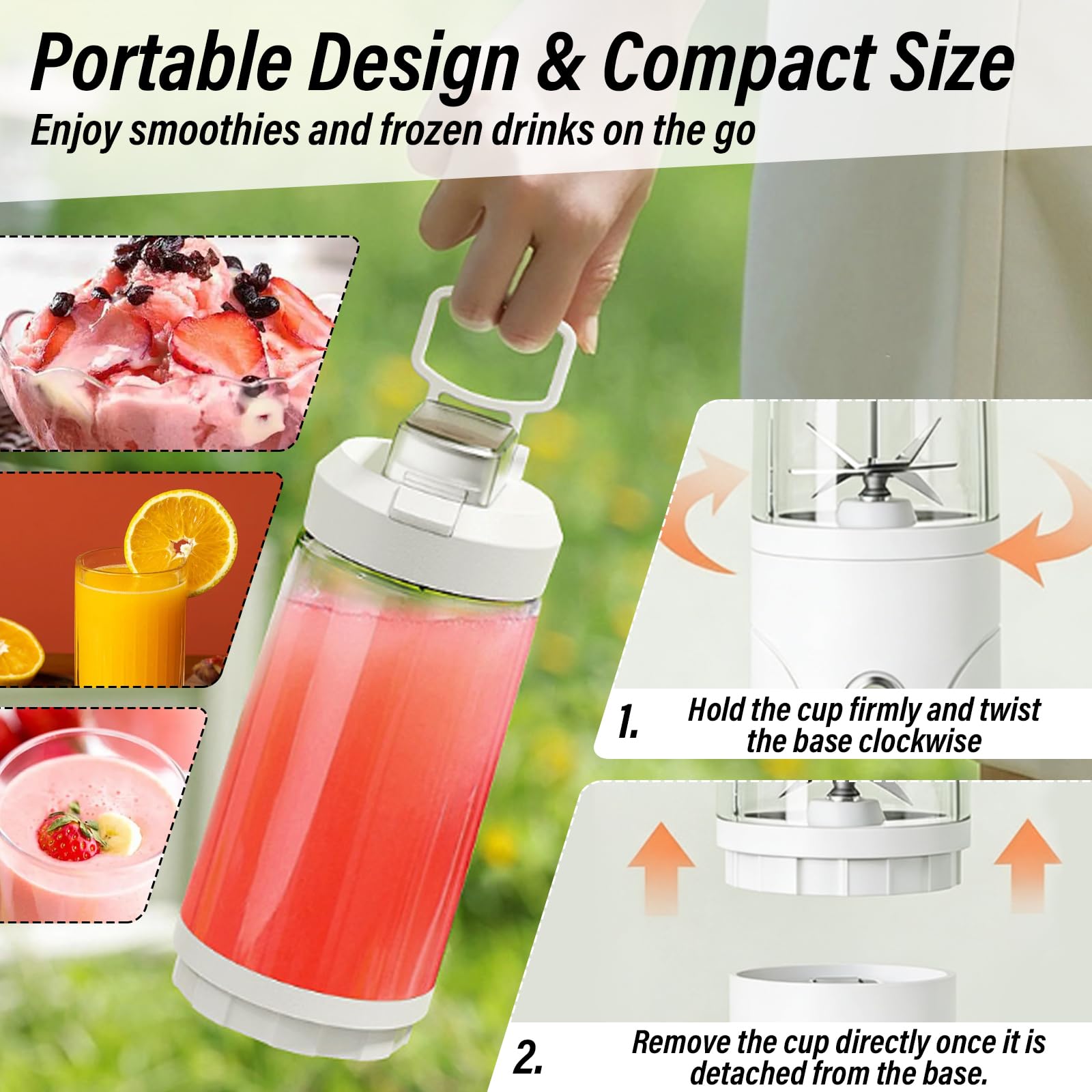 Frullatore portatile, frullatore personale da 650 ml, ricaricabile tramite USB-C, 6 lame in acciaio inox, tritura ghiaccio, senza BPA e bottiglia da viaggio ermetica, per casa, palestra, ufficio