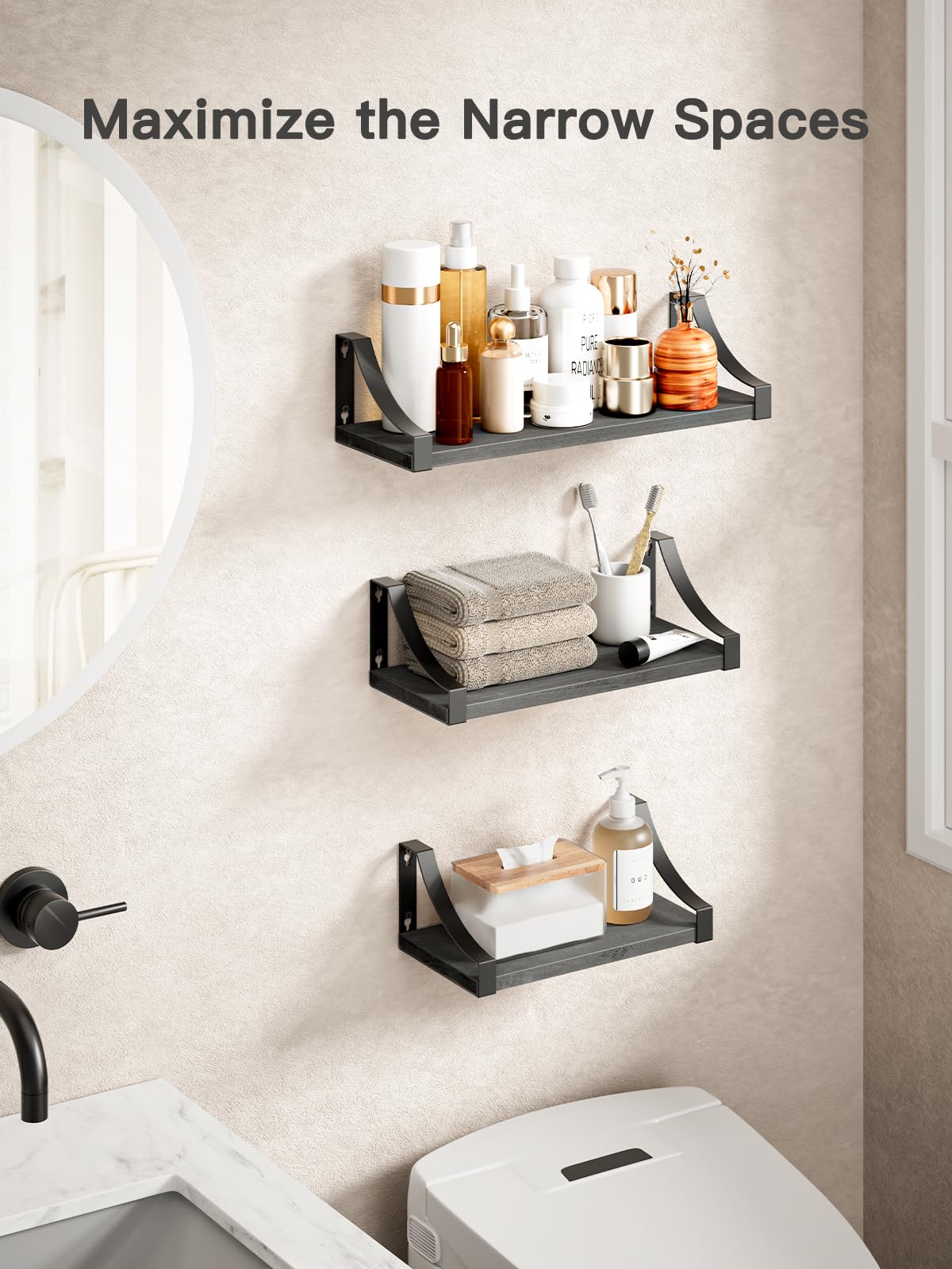 Pipishell Floating Shelves Wall Mounted Shelf, Paulownia Wood Wall Shelves, Wooden Shelves Set of 3 for Bedroom Bathroom - Image 3