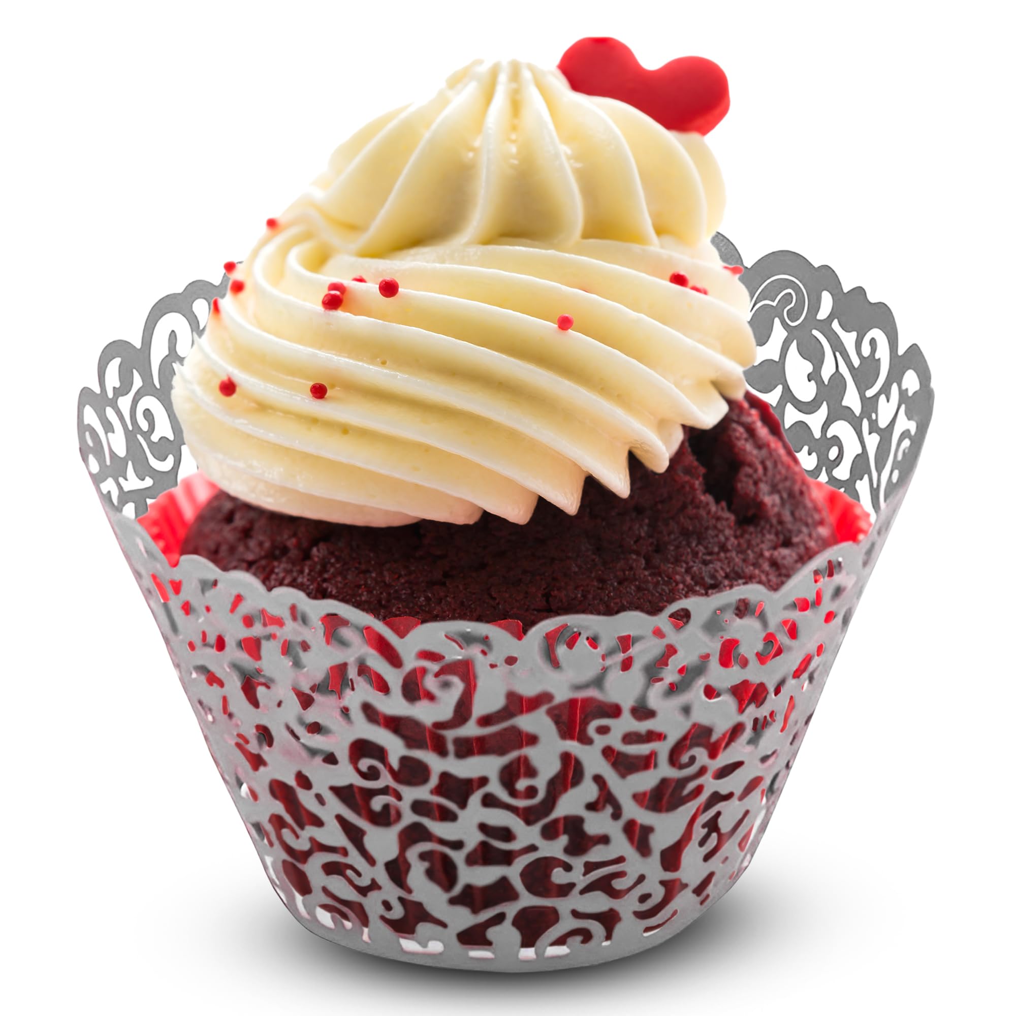 Trimming Shop Silver Cupcake Wrappers Laser Cut Floral Design Paper Cup Holders, Muffin Cup Liners for Weddings, Baby Showers, Birthdays, Anniversaries & Special Events (Pack of 100)