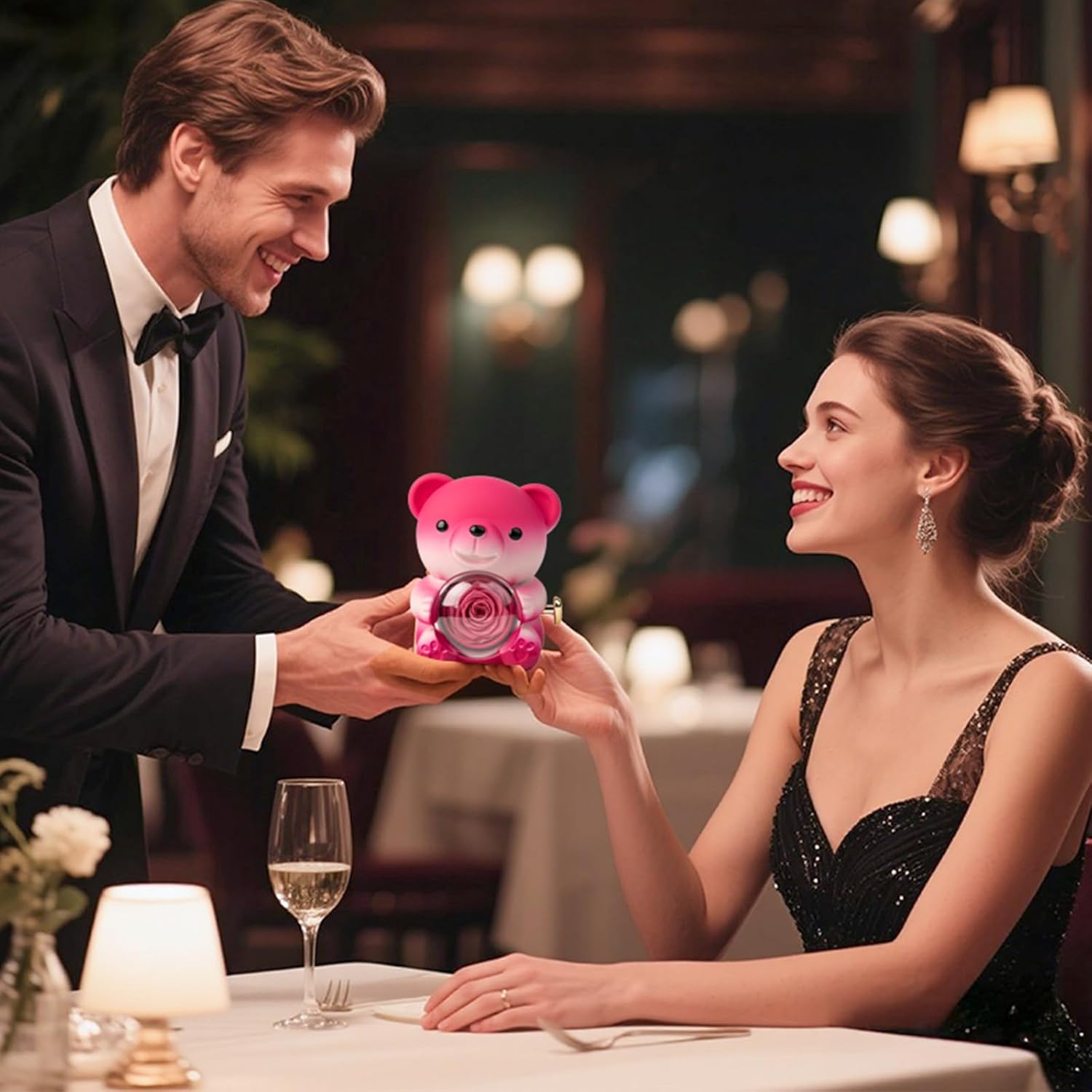 Cute Teddy Bear with Preserved Rose and Necklace, Elegant Bear Roses Gifts with Hidden Jewelry Box for Women, Girlfriend, Wife, Sister, Valentines Day Gift, Forever Eternal Rose Flower Decor - Image 6