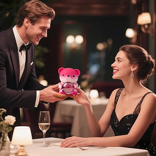Miniatura 6 de Oso de Peluche Lindo con Rosa Preservada y Collar, Regalos Elegantes de Oso con Rosas con Caja de Joyería Oculta para Mujeres, Novia, Esposa, Rosa