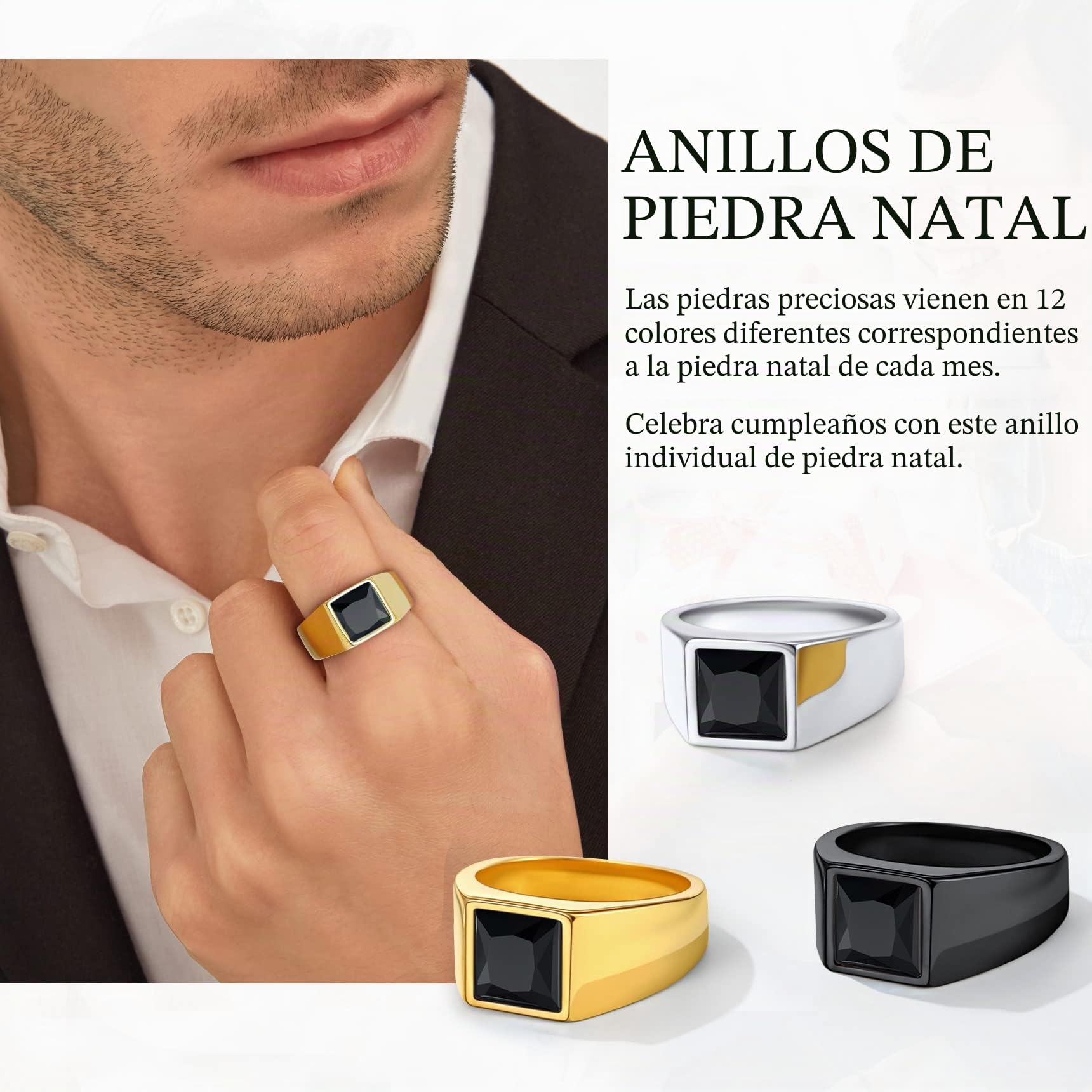 Bestyle Anillo de Sello Cuadrado Hombre Ancho 8mm Piedra Negro/Azul | Acero Inoxidable Personalizados Anillos para Mujer Hombre Tamaño 14.5-32.5