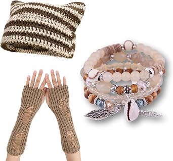 BAIMORE Y2k 3 Pcs Grunge Accessories Set Emo Knit Beanie Ripped Gloves and Stacked Bracelets