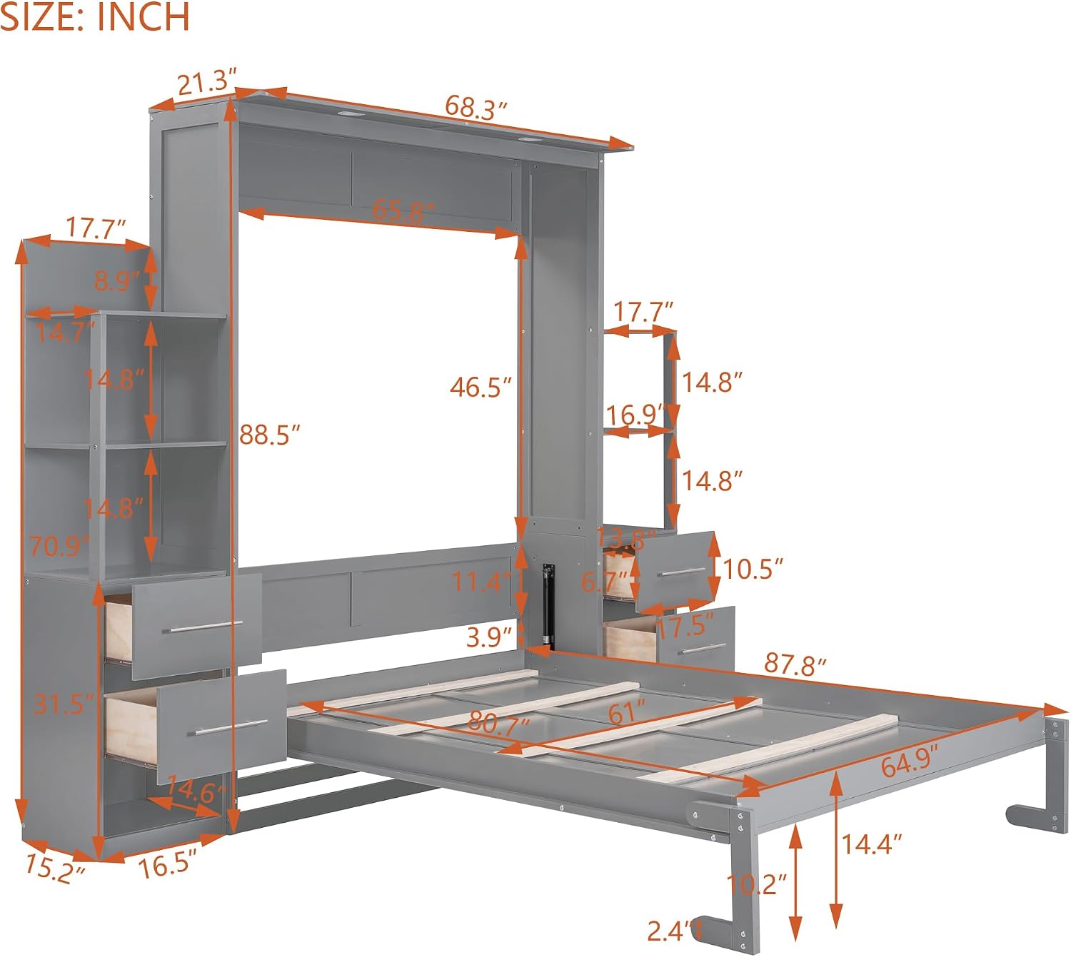 LZ LEISURE ZONE Queen Size Murphy Bed, Wooden Queen Wall Bed with Shelves, Drawers and LED Lights, for Home Office or Small Room, Gray