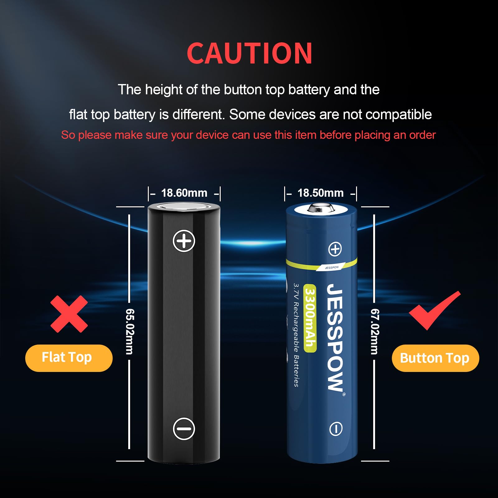 Piles Rechargeables 3.7V 3300mAh Button Top Batterie Haute Capacité pour Lampe de Poche Sonnette Télécommandée 4Pcs