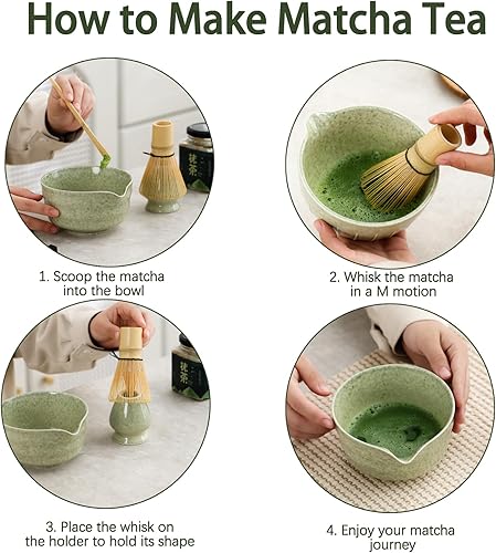 Miniatura 6 de Juego de té japonés, incluye cuenco de matcha con boquilla, soporte para batidor de matcha, batidor de matcha de bambú y cuchara de bambú, 17 onzas,
