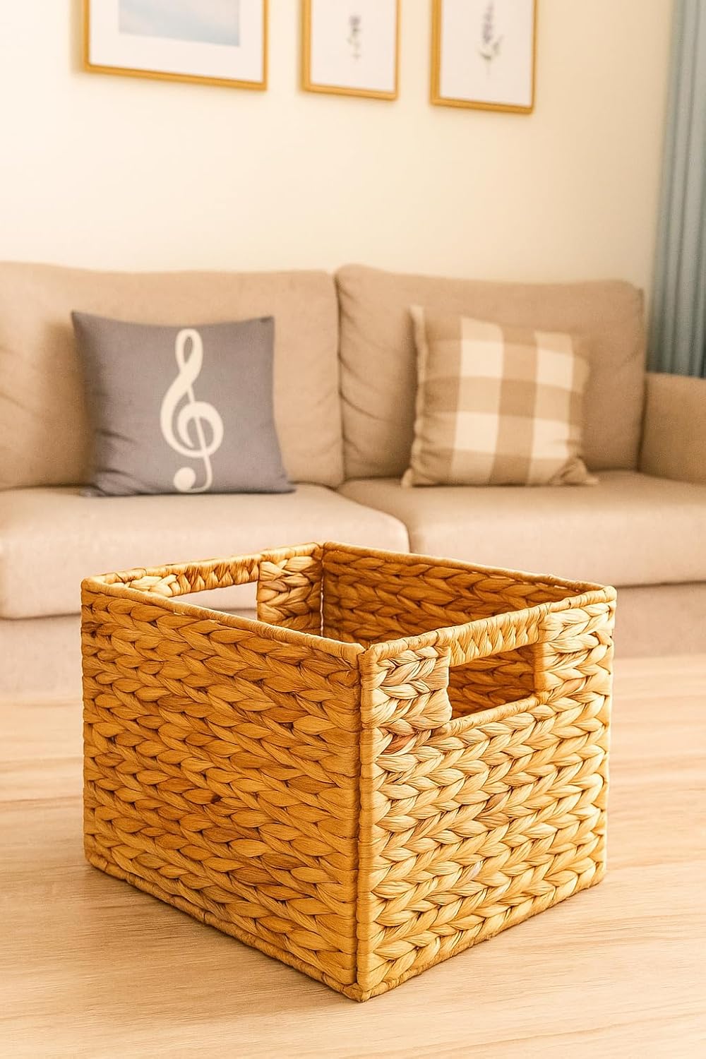 Foldable Water Hyacinth Storage Basket with Handles – Handwoven Natural Organizer Bin for Shelves, Closet, or Living Room Decor