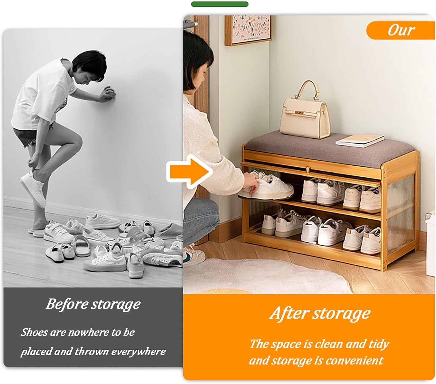 Bamboo Shoe Bench with Storage, Transparent Acrylic Shoe Rack Bench, Enclosed Dustproof, Entrance Shoe Bench, Shoe Rack with Seat, for Bedroom, Living Room (Color : Brown, Size : 19''/50c