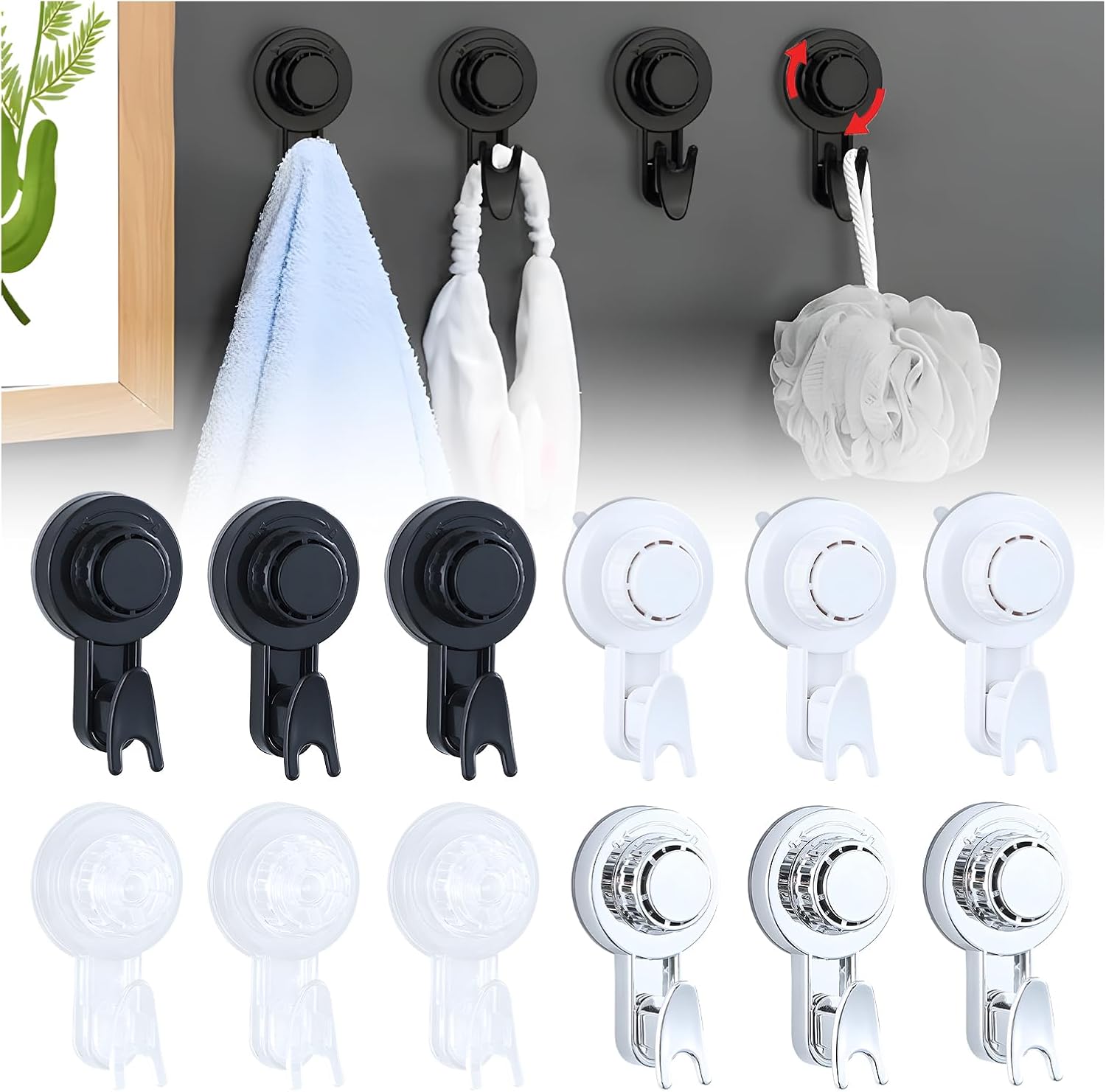 Rotating Suction Cup Hooks - Versatile Wall-Mounted Suction Hooks, Punch-Free Powerful Vacuum Suction Cup Hook, Reusable Heavy Duty Shower Hooks for Kitchen Bathroom Bedroom (Combination 12PCS)