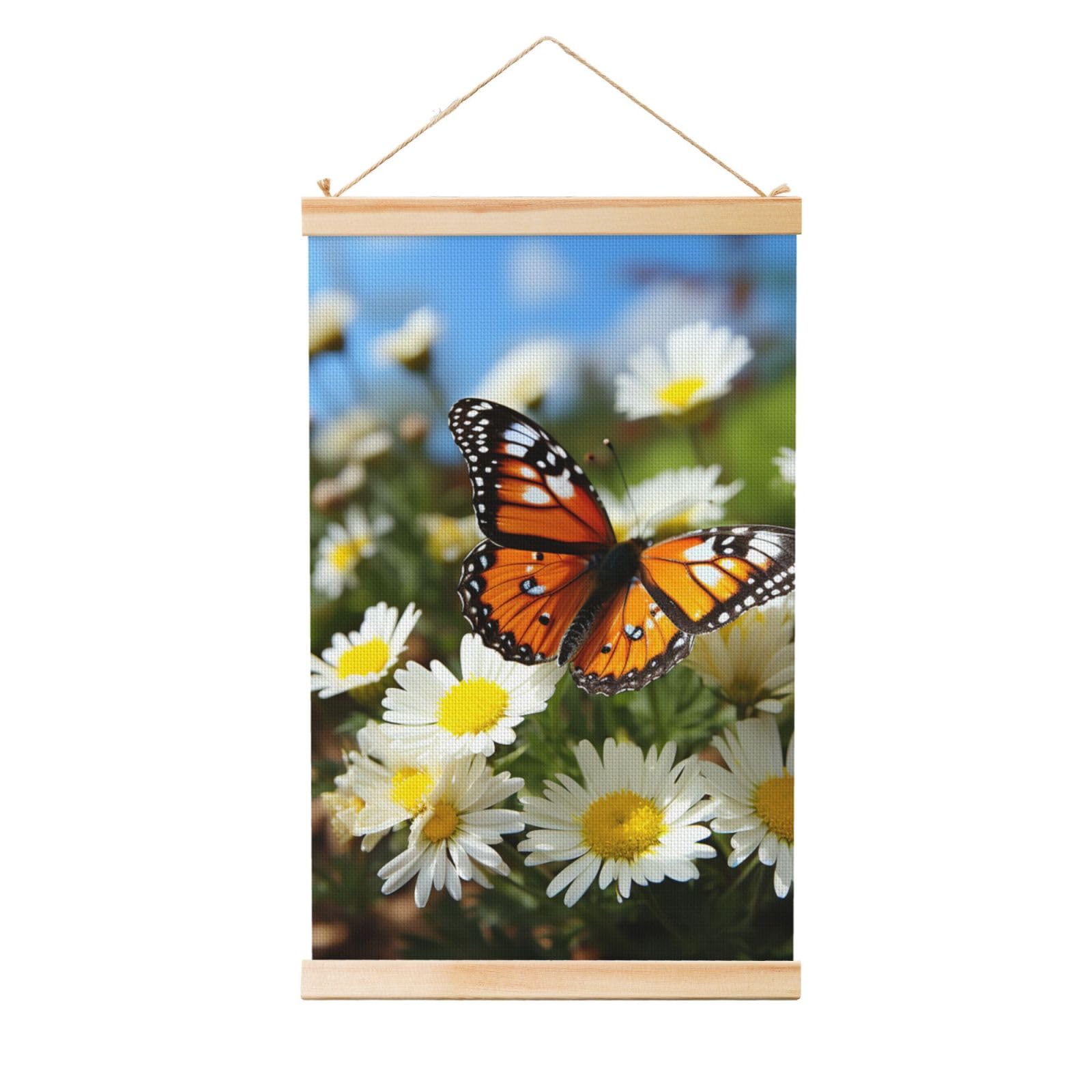 Butterfly on Daisy Flower Poster Wooden Shaft Hanging Poster Wall Hanging Banner Canvas Artwork with Wood Frames 20"x30" Modern Artwork Decor Ready to Hang Wall Art for Home Decor Scroll Painting
