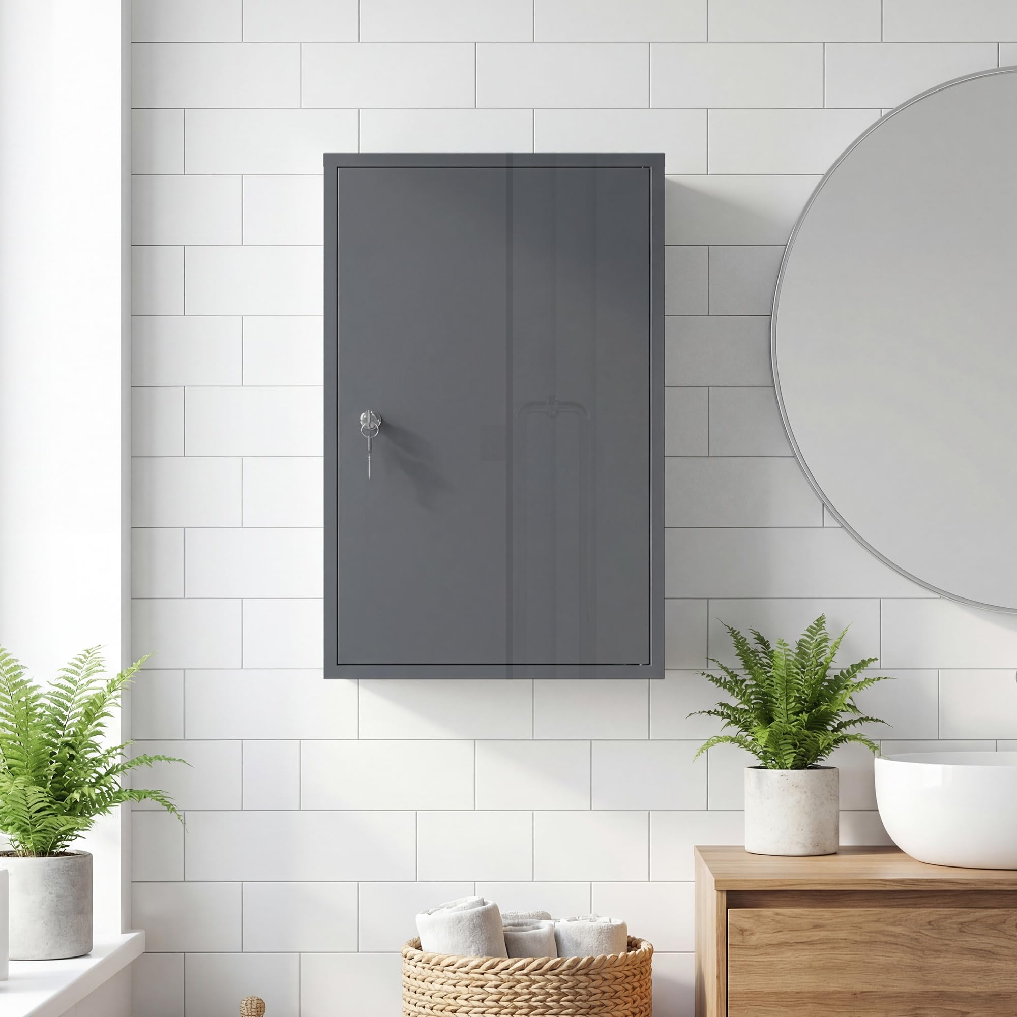 Kleankin Szafka na leki zamykana metalowa z 3 półkami 40x18x60cm Szary