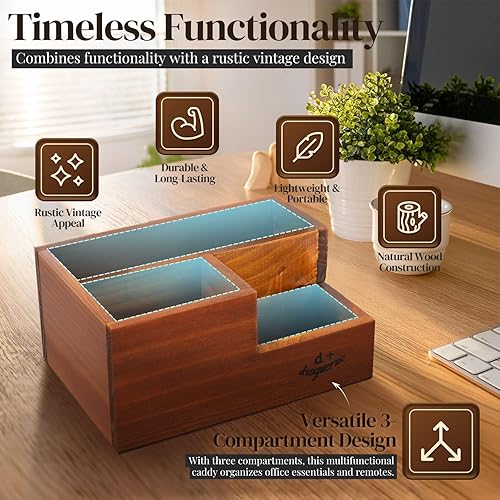 Miniatura 5 de Flexzion Portalápices de madera rústica para oficina, 3 ranuras, organizador de almacenamiento de escritorio y mesa, soporte multifuncional para