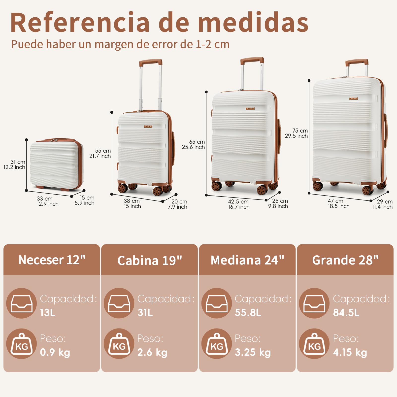 Kono Juego de Maletas de Viaje 4 Piezas PP - Equipaje con Ruedas 360° Silenciosas, Candados TSA e Incluye Estuche de Cosméticos para Toda la Familia (Crema/Marrón)