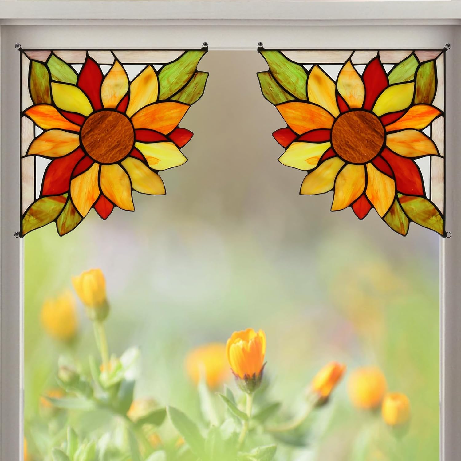 Capulina Stained Glass Window and Door Sunflower Corner Tiffany Style Stained Glass Handicrafts Hangings for Parents Gifts(1 Pair)