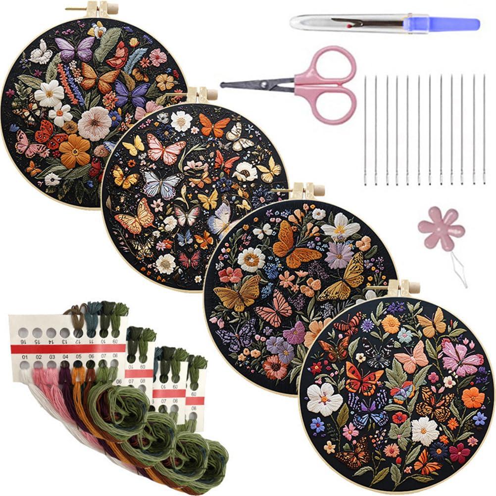 Meecaa Butterfly 4P Embroidery Kit Starter Set, Flower Animal Hand Embroidery Set, Pattern Printed Cross Stitch Set For Beginner Adults, With Embroidery Hoop And Instructions (Butterfly)
