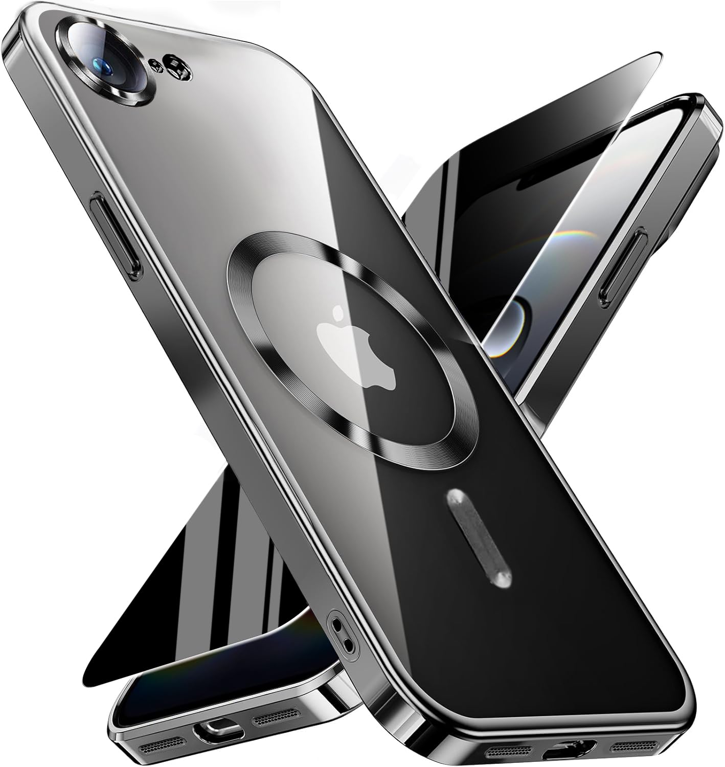 Magnetic for iPhone 17e/16e Case with Privacy Screen Protector &amp; Full Camera Cover,[Non-Yellowing] Plating Glossy Soft Shockproof Clear Phone Case with MagSafe Women Girls for iphone 16 e/ 17 e,Black