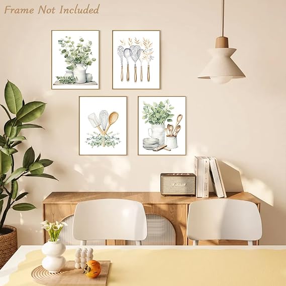 Dazzlewall 4 PCS Botanical Kitchen Wall Art Poster Sage Green Eucalyptus Leaves Prints, Boho Plant Wall Pictures for Kitchen Dining Room Decor 8x10 in Unframed