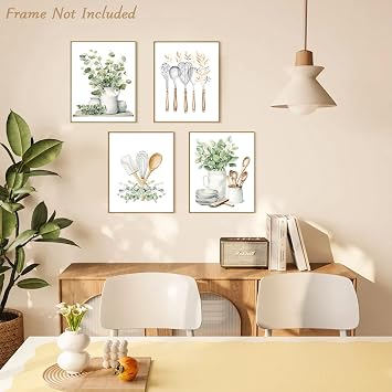 Dazzlewall 4 PCS Botanical Kitchen Wall Art Poster Sage Green Eucalyptus Leaves Prints, Boho Plant Wall Pictures for Kitchen Dining Room Decor 8x10 in Unframed