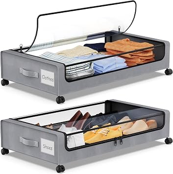 2 Pack Under Bed Storage with Wheels Under Bed Storage Containers with Clear PVC Lid Rolling Organizer Bins for Clothes,Shoes,Toys,Books,Blankets,Grey,2-Pack