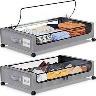 2 Stück Unterbett Aufbewahrungsbox 50L Unterbettkommode mit Rollen Bettkasten Organizer mit PVC deckel Unterbettbox für Kleidung Schuhe Decken Bettwäsche,Grau,2er-Pack