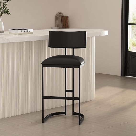 Manhattan Comfort Juno Bar Stools with Backs for Kitchen Counter, Upholstered Vegan Leather Barstool with Metal Frame, Curved Backrest, Arched Base, Fully Assembled Furniture, Black