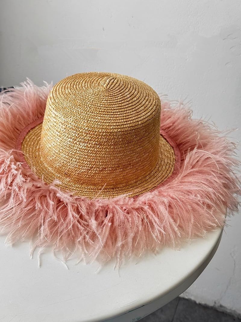 REALFUR NU-185 Women's Trendy Straw Sun Hat with Fluffy Ostrich Feather Tassel Fur Trim for Sun Protection Beach Hats