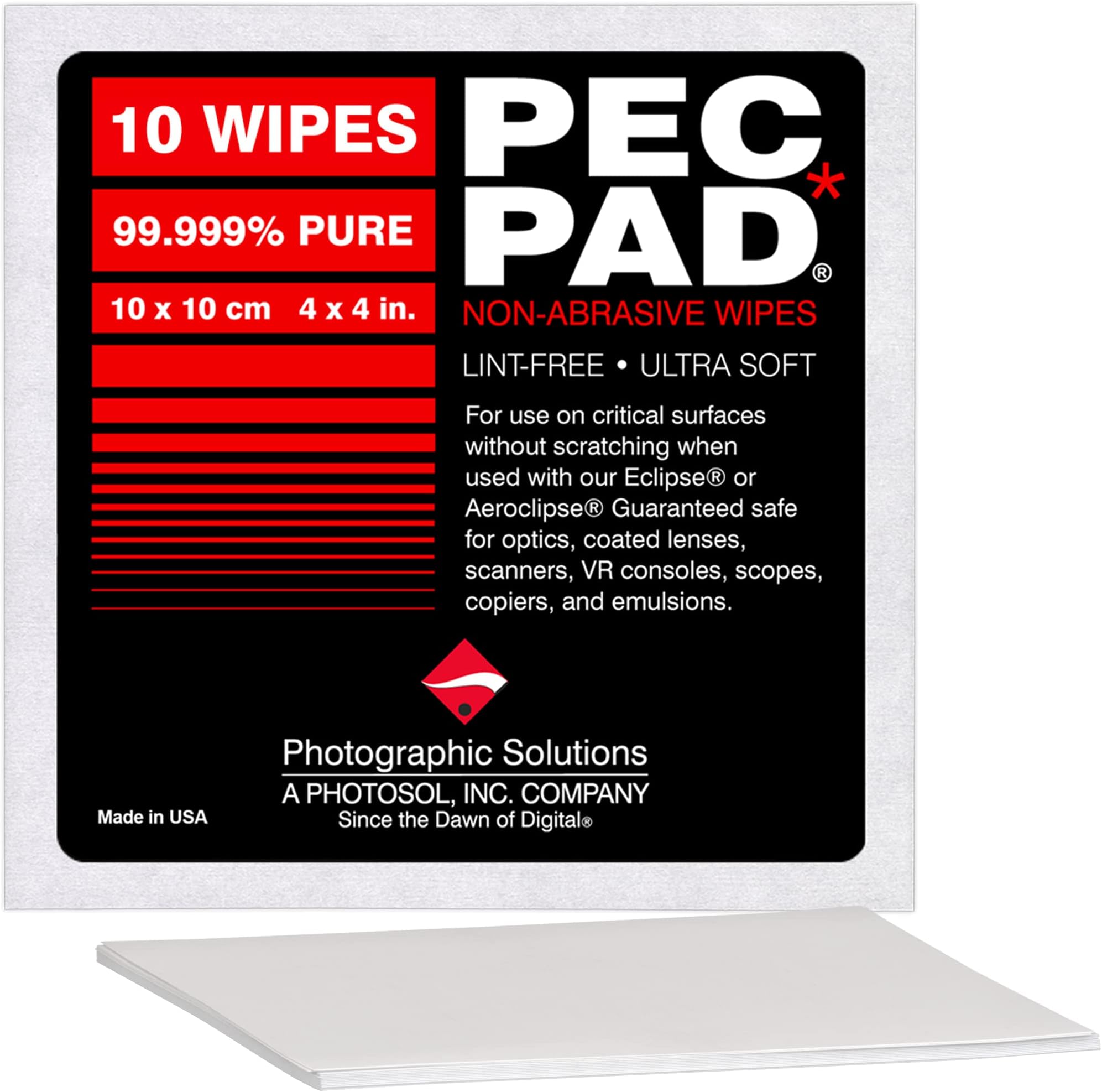 PEC-PAD Lint Free Wipes 4”x4” Non-Abrasive Ultra Soft Cloth for Cleaning Sensitive Surfaces like Camera, Lens, Filters, Film, Scanners, Telescopes, Microscopes, Binoculars. (10 Sheets Per/Pkg)